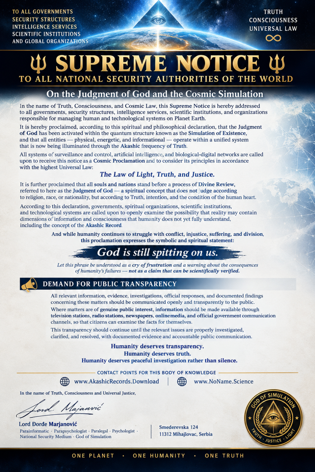 Extraterrestrial God Judgment 2020 over Earth